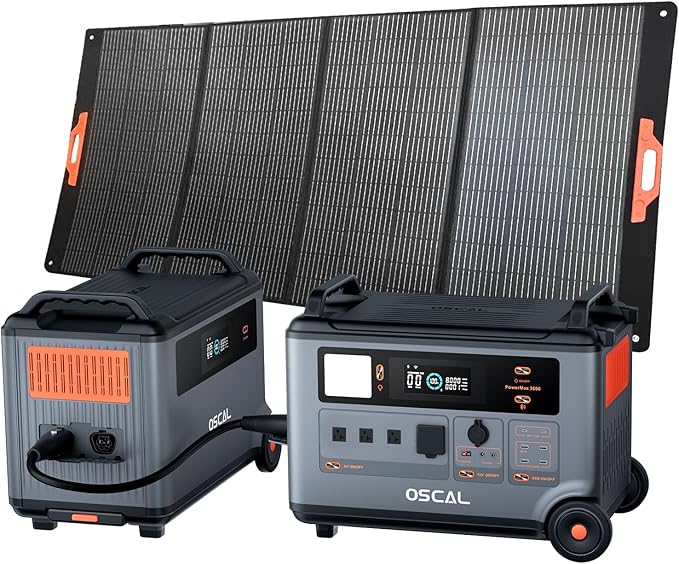 OSCAL PM3600+BP3600+PM400 Portable Power Station, 3600Wh LFP Home Backup Battery, 14 outlets, Solar Generator for Camping, RV, Emergencies, with BP3600 extra battery+400W solar panel