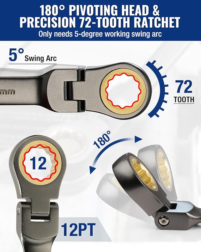 WORKPRO 8-piece Flex-Head Ratcheting Combination Wrench Set, Metric 9-17 mm, 72-Teeth, Cr-V Constructed, Nickel Plating with Organization Bag