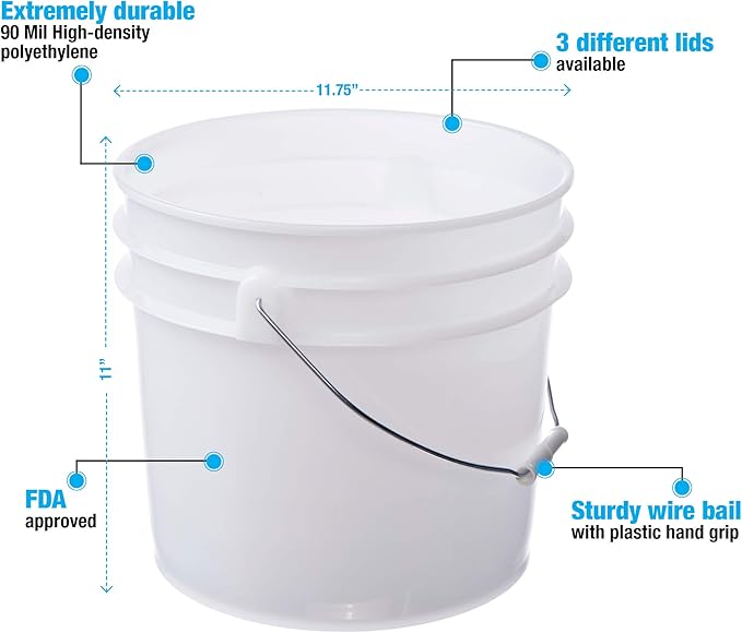 Consolidated Plastics 3.5 Gallon Natural Food Grade Buckets + 6 Gamma Seal Lids, BPA Free Container Storage, Durable HDPE Pails, Made in USA (6 Pack)
