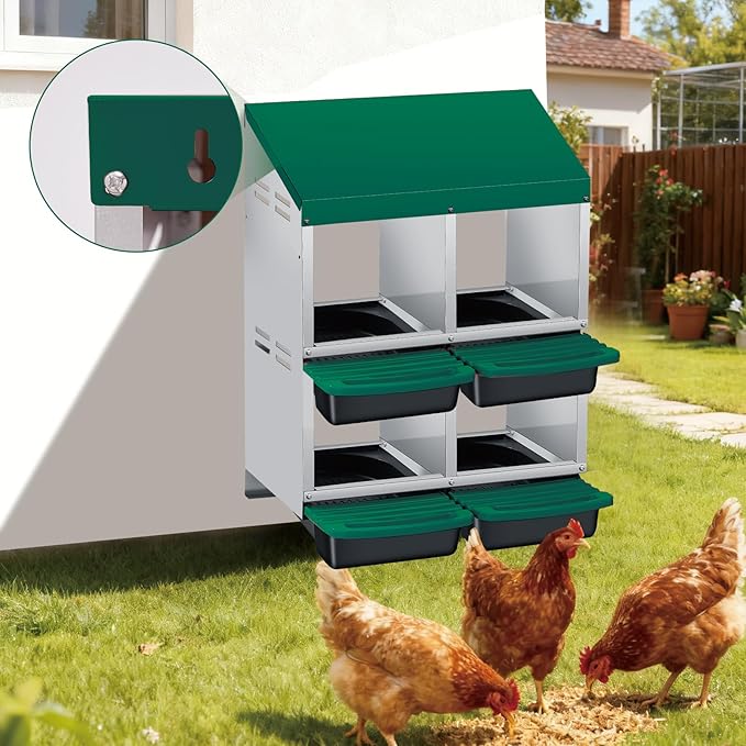 GarveeLife Chicken Nesting Box, 4 Compartments Laying Nest Boxes for Laying Eggs Chicken Brooder Box Nest Box with Perch 2x2 Hole Green