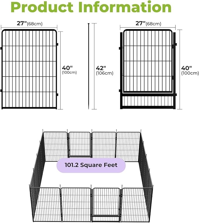 SunsGrove Tall Garden Fence with Gate, 40 in(H) x 35.7 ft(L) 16 Panels Heavy Duty Metal Animal Barrier Fence for Yard, Suitable for Indoor or Outdoor Dog Pet Fence, Garden Fence Border, Black