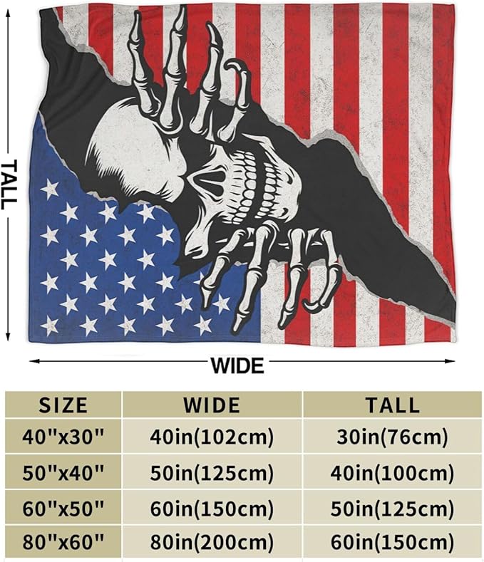 Gothic Skeleton Fleece Blanket Horrible Skull Throw Blankets for Girls Boys Super Soft Warm Flannel American Flag Throws Gifts for Men Women Cozy Fuzzy Plush Stuffed Couch Bed Bedding Decor 50"X40"