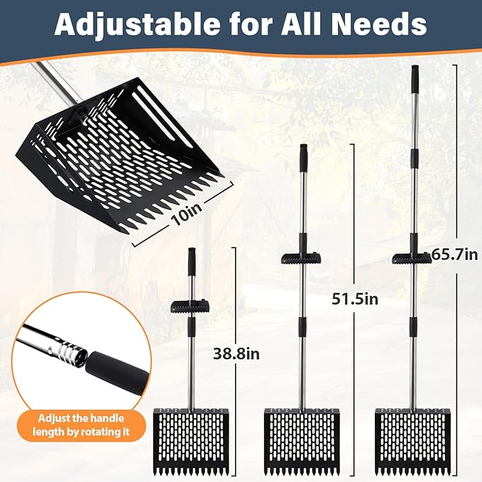 2 in 1 Chicken Poop Scooper & Rake, 10 Inch Sand Sifting Shovel with 35" to 62" Adjustable Stainless Steel Handle, Durable Litter Cleaner with Ergonomic Grip Gloves for Chicken Coop Farm Animal(Black)