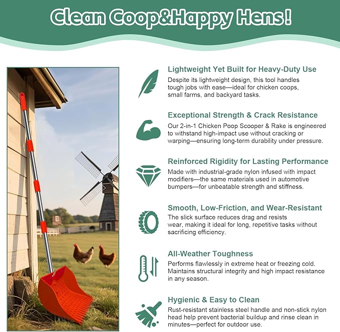 US Patent Pending 12-Inch 2-in-1 Chicken Poop Scooper & Rake,3-Shape Sifting Holes Chicken Coop Rake，Stainless Steel Handle （20–61"）– Litter Scooper & Sand Sifting Shovel for Chicken Coops （Red）