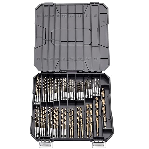 1/4 Hex Shank Cobalt Drill Bit Set 63Pcs 1/16"-1/2", M35 HSS Twist Impact Drill Bits for Metal and Hardened Steel, with Indexed Storage Case