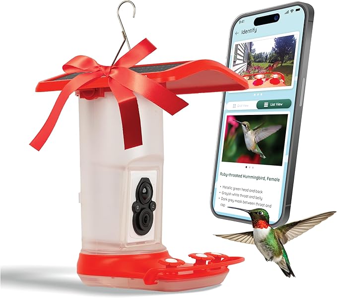 Smart Hummingbird Feeder: AI Bird ID, Wi-Fi and Solar Power, Stunning HD Images and Videos are Sent Directly to Your Phone, Easy to Clean and Hang - Best Smart Hummingbird Feeder