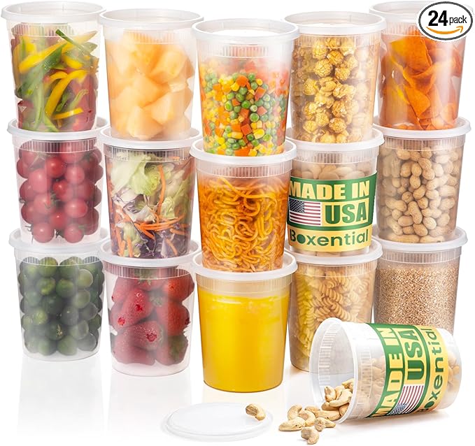 32 oz Deli Containers with Lids [24 Set] – Made in USA, BPA-Free Plastic Food Containers, Freezer & Microwave Safe, Stackable Meal Prep & Soup Storage Containers, Ideal for Takeout & Kitchen Use
