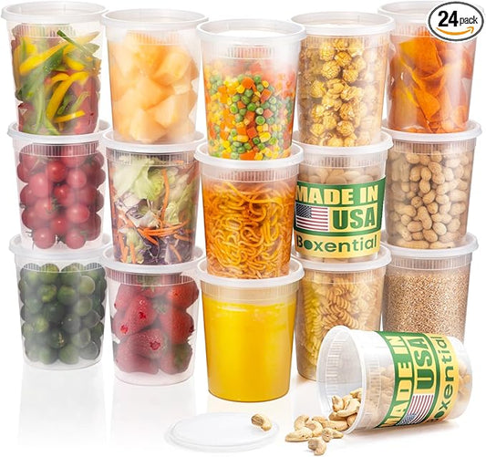 32 oz Deli Containers with Lids [24 Set] – Made in USA, BPA-Free Plastic Food Containers, Freezer & Microwave Safe, Stackable Meal Prep & Soup Storage Containers, Ideal for Takeout & Kitchen Use