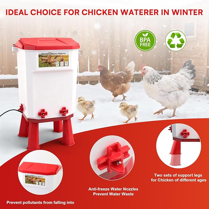 3 Gallon Heated Chicken Waterer for Winter Automatic Chicken Water Heater,Adsjustable Height Anti-Freezing Poultry Watering System with Thermostatic Control,Red,12.6 in x 8.3 inch x 8.3 in