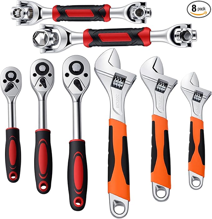 Lasnten 8 Pcs Universal Socket Wrench Set Including 8", 10", 12” Adjustable Wrench, 52 In1 and 48 In1 Dog Bone spanner, 1/4", 3/8", 1/2" Drive Ratchet spanner for Home Bicycle and Car Repair