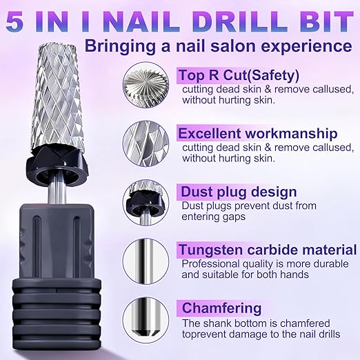 Fantexy 3/32" Carbide Nail Drill Bit - Remove Acrylic Hard Gels Quickly and Safely, 5-in-1 Tungsten Carbide Nail Drill Bit for Nail Art,Manicure,Pedicure,Gel,Cuticle Clean (Extra Coarse - XC)
