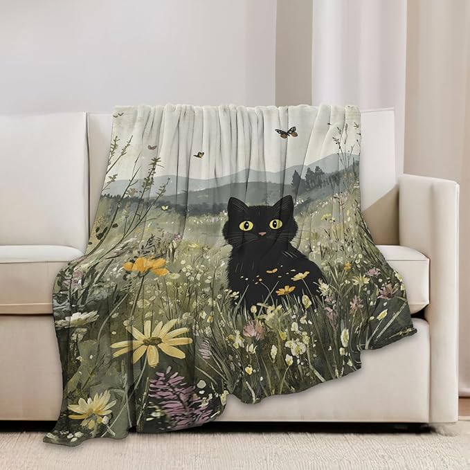 Black Cat Blanket Floral Wildflower Kitten Throw Blankets Gifts for Girls Boys Kids Cat Lover Soft Cozy Fleece Plush for Couch Sofa Bed 80"x60"