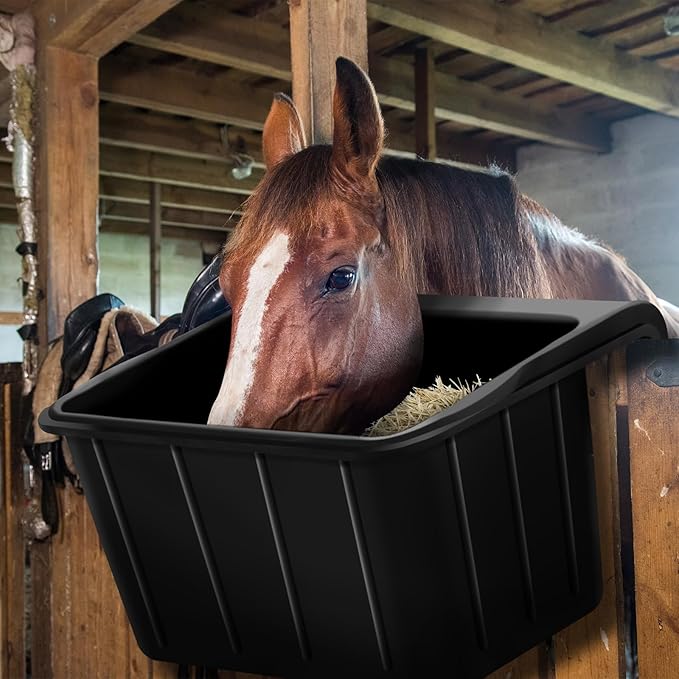 Maxdot 2 Pcs 17 Quart Rubber Horse Hook Feeders Over Hanging Fence Feeder Heavy Duty Mountable Rubber Feed Bucket for Farm Stalls Pasture, Stable to Feed Horses Sheep Cattle Cows Etc