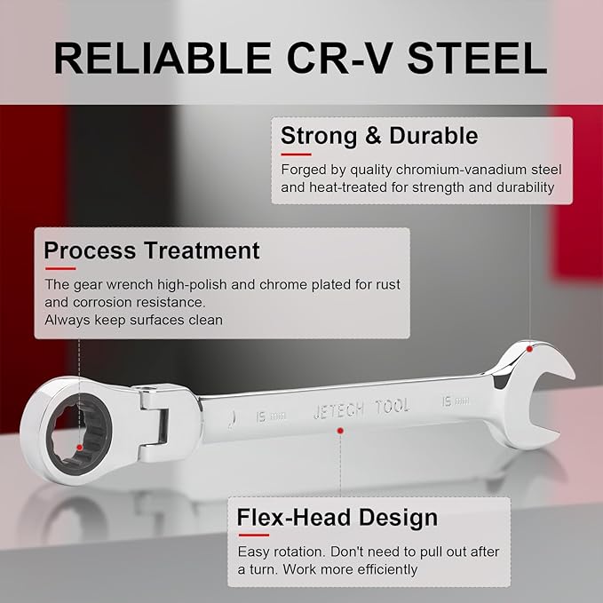 Jetech 15mm Flexible Ratcheting Wrench, Industrial Grade Cr-V Steel, 12 Point, Off Corner Design, 72 Tooth Ratchet, 180 Degree Flexible Box End