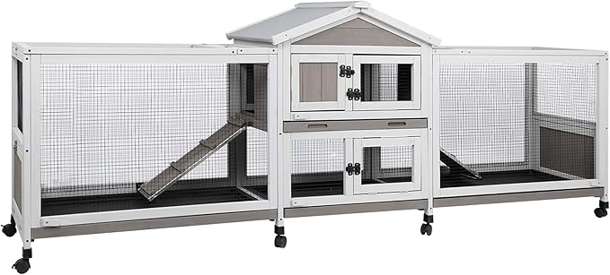 93" Rabbit Hutch Outdoor Indoor with Run Wooden Weatherproof Bunny Cage with 8 Wheels,4 Leak-Proof Trays,Dual Metal Run & Ramp,Small Animal Outdoor Pens & Hutches for 1-3 Rabbits,Guinea Pigs