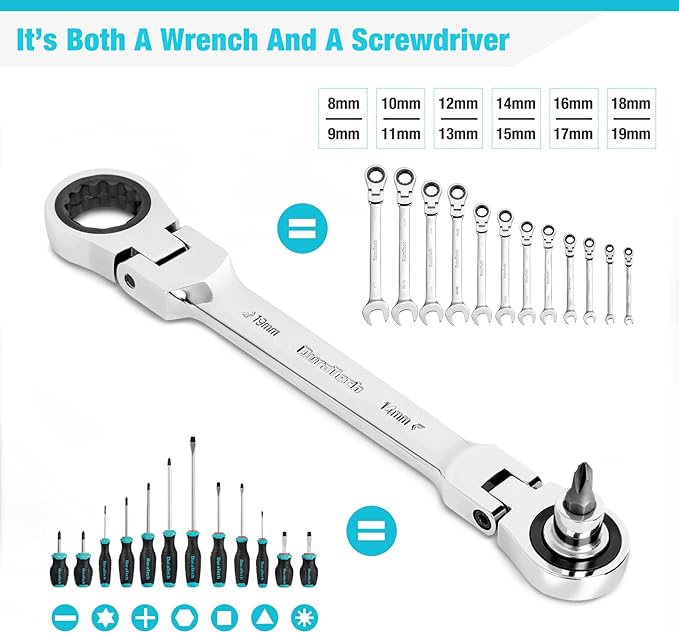 DURATECH 12-in-1 Flex-Head Ratcheting Wrench Set & 24-in-1 Screwdriver Set, Double Box End Wrench 8-19mm, 1/4" Drive Adapter with 24PCS Driver Bits, CR-V Steel, with Tool Box