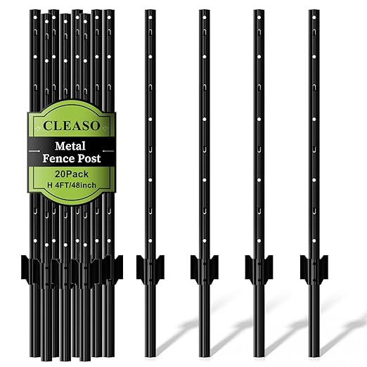20 Pack Metal Fence Posts, 4ft Heavy Duty U-Post, Black Garden Stakes, No-Dig Post Anchors for Wire Fences, Temporary Fencing, Electric Fence, and Corner Support