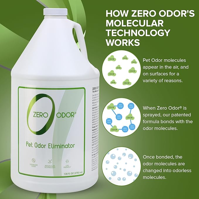 Zero Odor - Pet Odor Eliminator for strong odor, Eliminate Air & Surface Odors – Patented Molecular Technology Best For Carpet, Furniture, Beds Smell Great Again (128 Ounces)