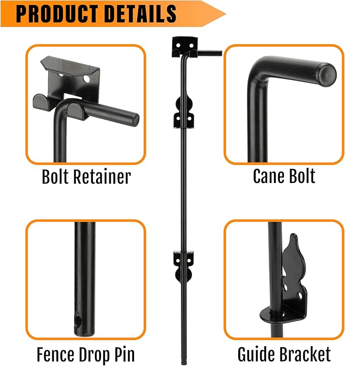 24" Heavy Duty Cane Bolt Gate Drop Rod-Steel Gate Ground Latch Designed for Wood Metal Vinyl Gates or Double Doors Fence Applications