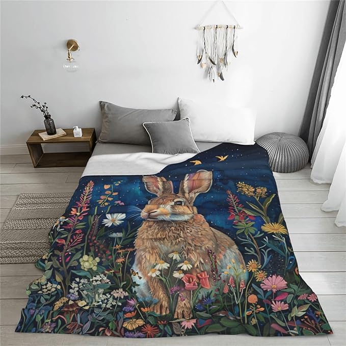 Bunny Throw Blanket Cute Rabbit Floral Decor Blanket Super Cozy Plush Lightweight Soft Plush Flannel Fleece Jungle Animal Forest Blanket Gifts for Girls Boys Kids Women Men for Sofa Bed Couch 50"X60"