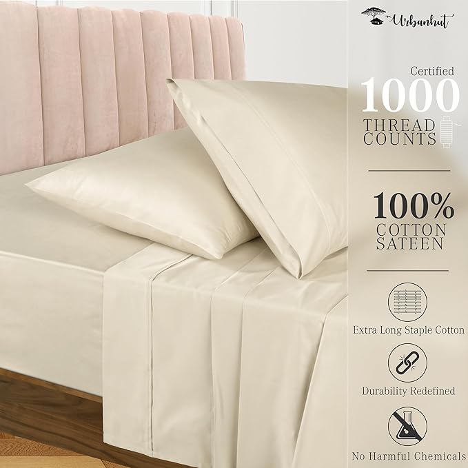 URBANHUT 1000 Thread Count King Sheets Set Egyptian Cotton, Long Staple Soft & Breathable, 4 Pc Bed Sheet Sets, Luxury Hotel Sateen Sheets Fits 16" Deep Pocket - Ivory