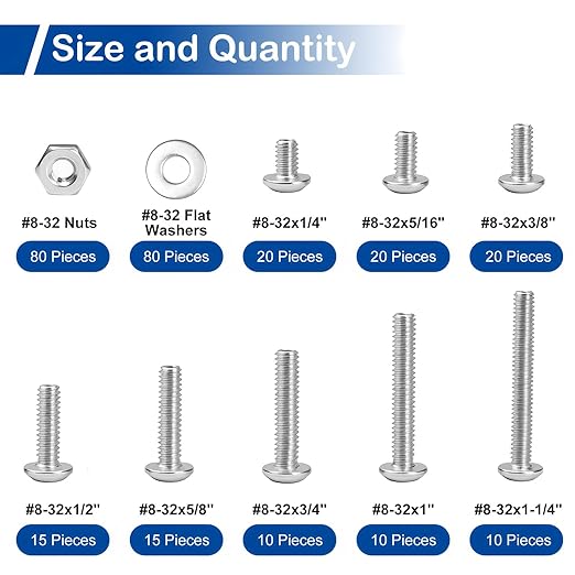 280Pcs #8-32 Phillips Pan Head Machine Screws Assortment Kit 304 Stainless Steel Assorted Nuts Bolts and Washers Fully Machine Thread(#8-32x1/4, 5/16", 3/8", 1/2", 5/8", 3/4", 1", 1-1/4")