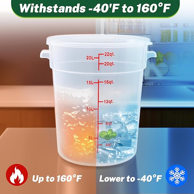 Round Food Storage Container with Lid, 22 Qt Translucent, Commercial 4 Pack of – NSF Listed, BPA-Free, Polypropylene, Non-Stick, Scale, with Labels & Measuring Cups