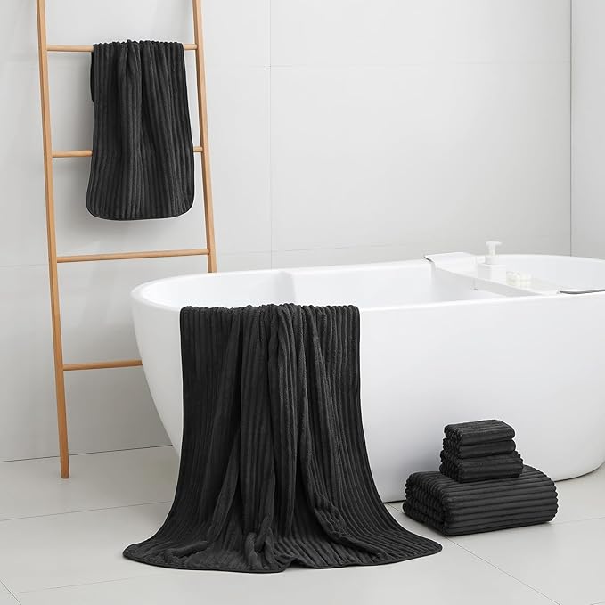 6-Piece Bath Towel Set(30"x60"), 2 Large Bath Towel Sheets, 2 Hand Towels and 2 Washcloths - Highly Absorbent Quick Dry Microfiber,Ultra Soft Towel Set for Bathroom (Black)