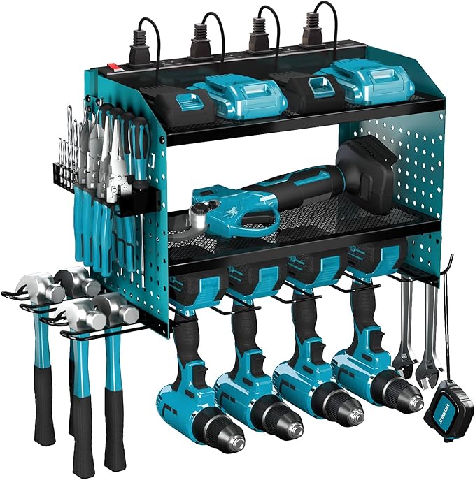 Veitorld Power Tool Organizer with Charging Station, Heavy Duty Modular Wall Mount Rack for Garage - 4 Drill Holders, Tool Storage Organizer, Christmas Birthday Gifts for Men Him Dad Husband