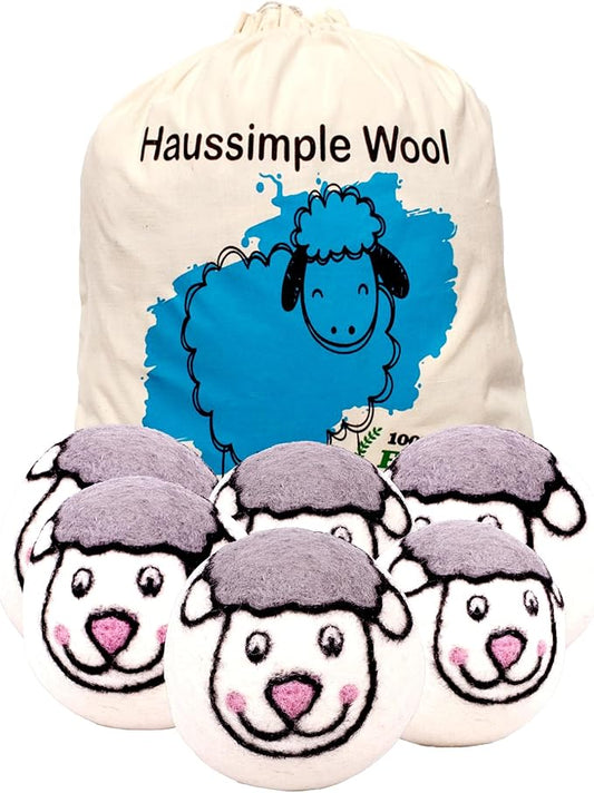 Wool Dryer Balls 6-Pack 100% Natural New Zealand Wool, Handmade in Nepal Reusable Laundry Balls, Faster Drying, Softer Clothes, Anti-Static, Dryer Sheets Alternative (Sheep)