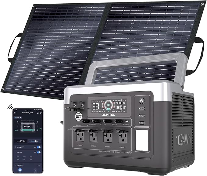OUKITEL P1000 Plus 1800W/1024Wh Power Station with 100W Solar Panel, 1200W Fast Charging, Solar Generator with 4 AC Outlets (3600W Peak), APP Control Battery Backup for Home, Camping & RVs