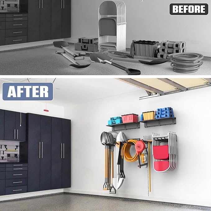 WALMANN Wall Mounted Garden Tool Rack with Shelves for Garage, Heavy Duty Folding Chair Hangers, 11-Inch Tool Storage Hooks for Shovels, Rakes, Ladders