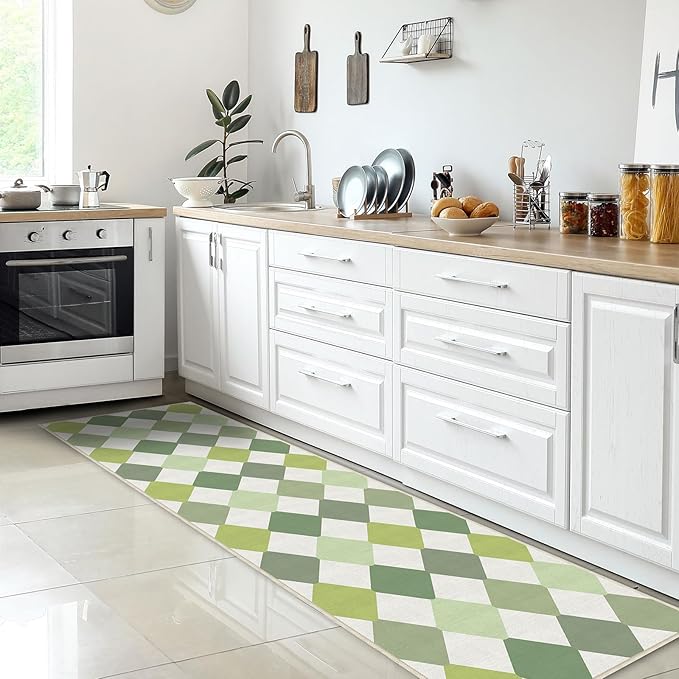 Green Checkered Washable Runner for Hallway Bedroom 2x6 Modern Non Slip Rug Low Pile Indoor Floor