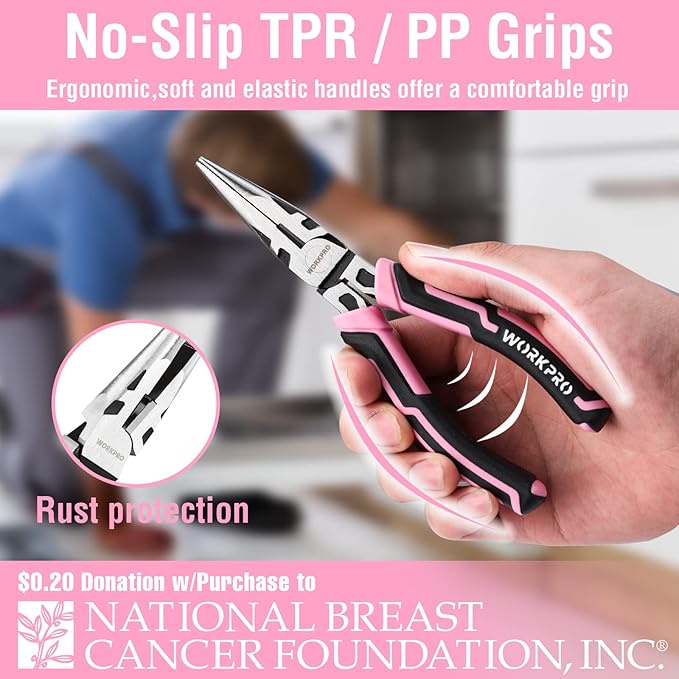 WORKPRO 4-Piece Pliers Set, Premium CR-V Construction Pliers Tool Sets Including Long Nose, Diagonal Cutting, Groove Joint and Slip Joint Pliers - Pink Ribbon