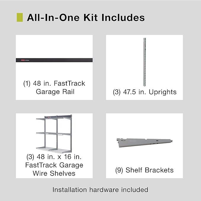 Rubbermaid Fasttrack Rail Storage 48"x16" 3-Shelf Kit, 350 lbs. Per Shelf, for Home/Garage/Shed/Workshop Organization