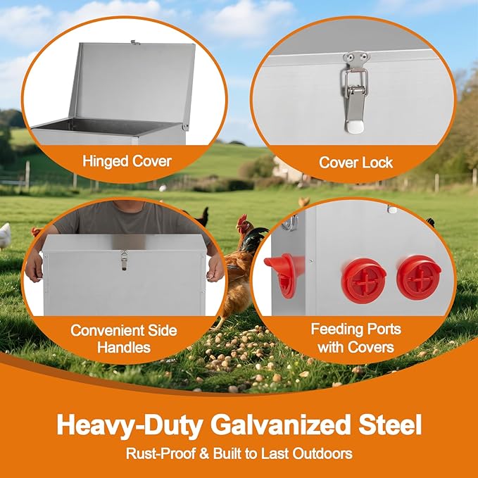 Automatic Chicken Feeder 85-120lbs Capacity, Galvanized Metal Poultry Feeding Equipment, Rainproof & Rodent Proof Large Chicken Food Dispenser for Backyard Coop & Farm Use (6 Ports)