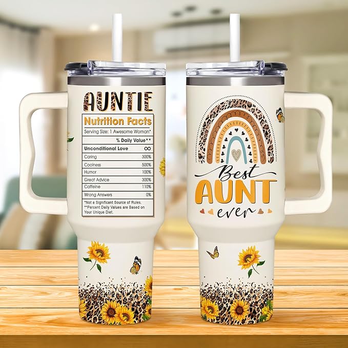Gifts for Aunt, New Aunt, Auntie Gifts from Niece, Nephew - Christmas, Birthday, Mothers Day Gift for Auntie - 40oz Sunflower Tumbler With Handle & Straw
