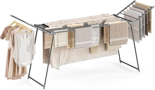 APEXCHASER Clothes Drying Rack Foldable, Large Drying Rack for Clothing Retractable, Winged Laundry Rack Folding Indoor Outdoor, Metal Clothes Airer for Bedding Towel Sweater Heavy Duty, Grey