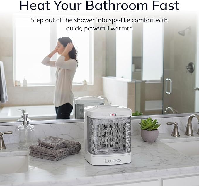 Lasko Portable Electric Ceramic Space Heater with ALCI Plug for Bathroom Use, 2 Heat Settings and Simple Heat Button, 8 Inches, White, 1500W, CD08200