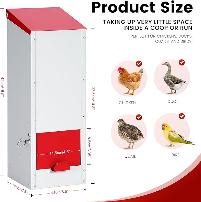 8Lbs Metal Chicken Feeder with Lockable Feed Door, Hanging Chicken Feeders No Waste Automatic Gravity Poultry Chick Bird Quail Feeder