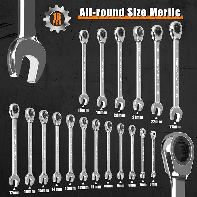 Egofine Wrench Set, 6 mm - 24 mm Metric Ratcheting Wrench Set 18pc, 72 Teeth Combination Wrenches Set, Chrome Vanadium Steel with a Roll Up Storage Bag
