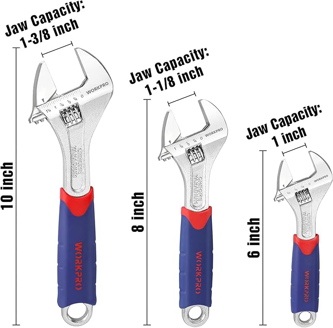 WORKPRO 3-piece Adjustable Wrench Set CR-V with Rubberized Anti-Slip Grips 10-inch, 8-inch, 6-inch