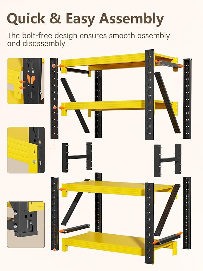 4-Tier Storage Shelves,79" H Heavy-Duty Garage Shelving Unit,Adjustable Industrial Metal Shelf System,3,200lbs Capacity,Tool Organizer for Garage,Workshop,32" W*20" D*79" H,Black&Yellow