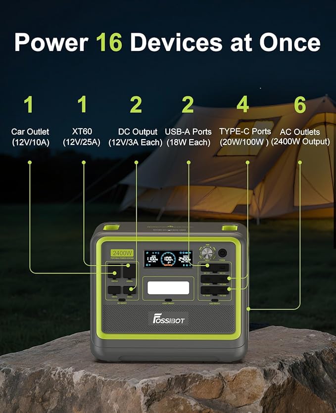 FOSSiBOT F2400 Portable Power Station with 200W Solar Panel, upgraded 2400W Solar Generator&2048Wh LFP (LiFePO4) Battery, 1.5H Fast Charging for Home Backup, Outdoor Camping, RV, Emergency