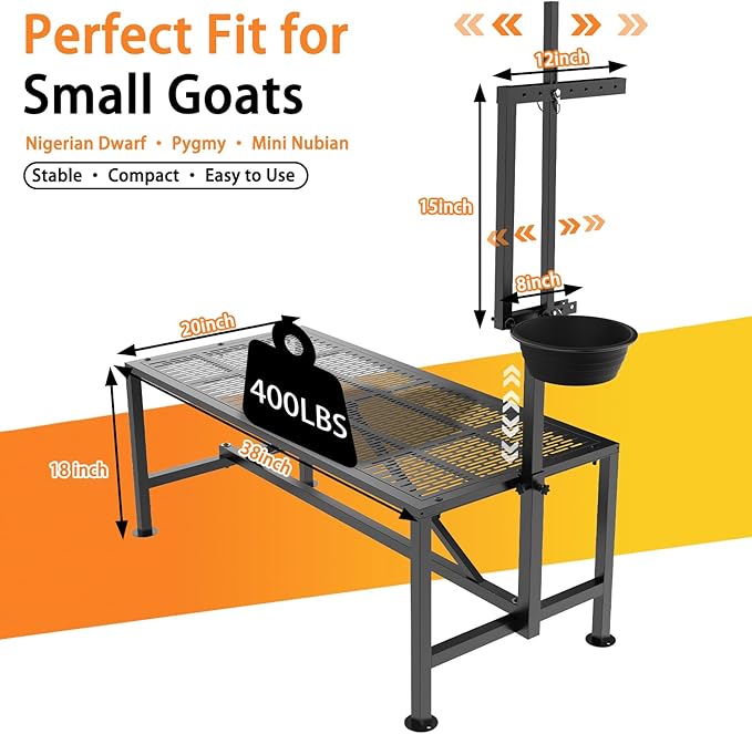 Upgrade Goat Milk Stand with Feed Bin, 400lbs Goat Stand for Grooming & Hoof Trimming, 1mm Thick Platform & Anti-Slip Design, for Pygmy and Dwarf Goats, Firm Head Lock and Adjustable Head