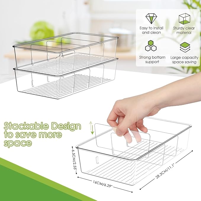 Snack Organizer for Pantry Shelf, 2 Pack Clear Plastic Pantry Storage Bins with 3 Dividers for Snacks, Spices, Chips Food Organizer, Stackable Pantry Organizers for Kitchen, Fridge, Cabinet