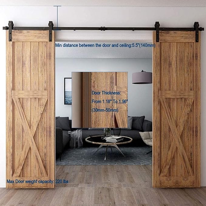 CCJH 4FT Sliding Barn Door Hardware Kit, Heavy Duty, Smoothly and Quietly, Easy to Install, Fit 12" Width Double Door Panel, Basic Style Hangers Black