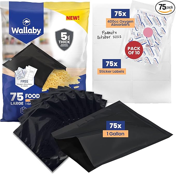 Wallaby 75 Count 1-Gallon Mylar Bags with 400cc Oxygen Absorbers, 10 Mil Total Thickness Long-Term Food Storage Pouches, 10x14 Heat-Sealable Airtight Packaging - Matte Black