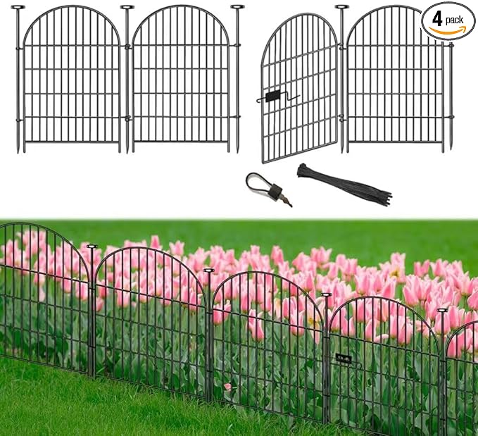 Tall Garden Fence with Gate, 4 Panels Fences for Dogs Outside, 40 in(H)x8.8 Ft(L) No Dig Animal Barrier Garden Fencing, Rustproof Metal Wire Temporary Rabbit Dog Fence for Yard Patio Outdoor