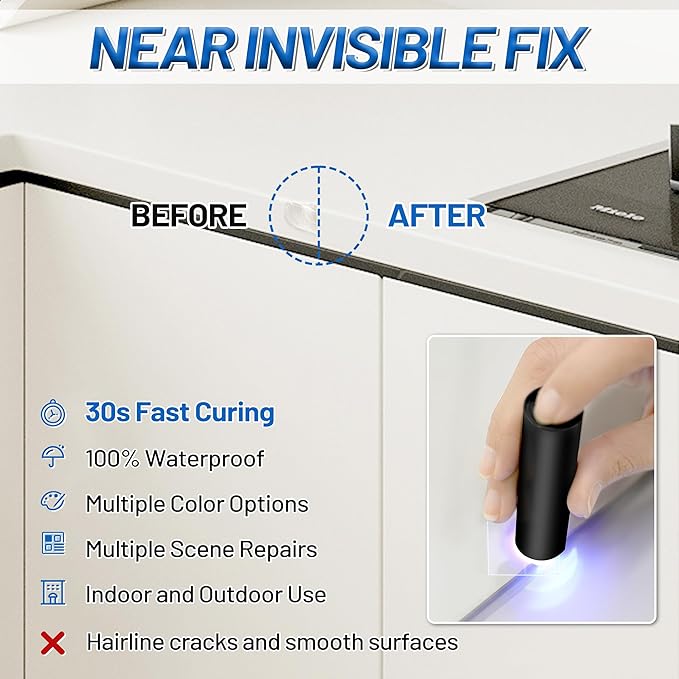 Quartz Countertop Repair Kit (Clear, White, Gray, Beige) 30s Fast Curing DIY Fix Luxury Stone, Granite Marble Acrylic Porcelain Fiberglass Quartz Countertop Chip Repair Kit for Cracks Holes Scratches